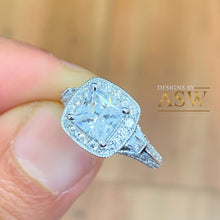 Load image into Gallery viewer, 14K Solid White Gold Princess Cut Forever One Moissanite and Natural Diamond Engagement Ring Deco Halo, bridal, wedding, prong set 1.70ctw