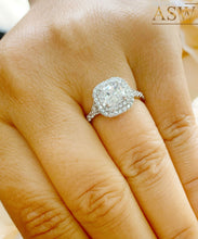Load image into Gallery viewer, 14K Solid White Gold Cushion Cut Forever One Moissanite and Natural Diamond Engagement Ring Soleste Style Double Halo 2.00ctw