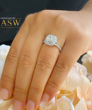 Load image into Gallery viewer, 14K Solid White Gold Cushion Cut Moissanite and Natural Diamond Engagement Ring Soleste Style Double Halo 1.80ct
