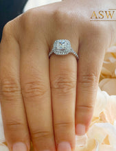 Load image into Gallery viewer, 14K Solid White Gold Cushion Cut Forever One Moissanite and Natural Diamond Engagement Ring Soleste Style Double Halo 2.00ctw