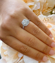 Load image into Gallery viewer, 14K Solid White Gold Cushion Cut Moissanite and Natural Diamond Engagement Ring Soleste Style Double Halo 1.80ct