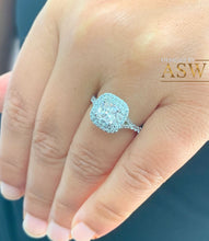 Load image into Gallery viewer, 14K Solid White Gold Cushion Cut Moissanite and Natural Diamond Engagement Ring Soleste Style Double Halo 1.80ct