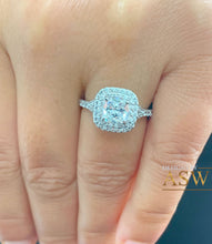 Load image into Gallery viewer, 14K Solid White Gold Cushion Cut Moissanite and Natural Diamond Engagement Ring Soleste Style Double Halo 1.80ct