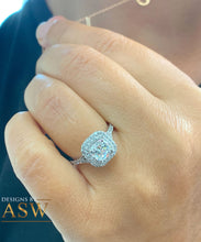 Load image into Gallery viewer, 14K Solid White Gold Cushion Cut Moissanite and Natural Diamond Engagement Ring Soleste Style Double Halo 1.80ct