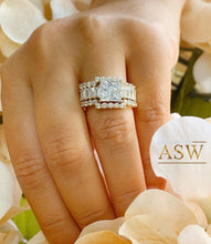 Load image into Gallery viewer, Large 14K Solid And Heavy Yellow Gold Princess And Round Cut Simulated Diamonds Engagement Ring And Two Bands, Wedding Bridal Set 3.50ct