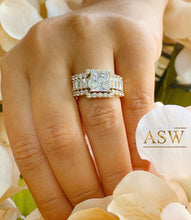 Load image into Gallery viewer, Heavy Huge 14k solid yellow gold princess, emerald baguettes and round cut moissanite engagement ring and two bands halo 4.80ctw