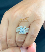 Load image into Gallery viewer, Heavy Huge 14k solid yellow gold princess, emerald baguettes and round cut moissanite engagement ring and two bands halo 4.80ctw