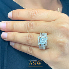 Load image into Gallery viewer, Heavy Huge 14k solid yellow gold princess, emerald baguettes and round cut moissanite engagement ring and two bands halo 4.80ctw