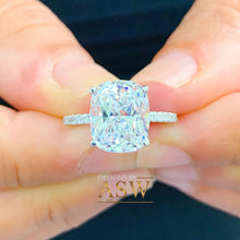 Load image into Gallery viewer, 14K Solid White Gold Cushion Cut Moissanite Engagement Ring Deco, Bridal, Wedding, Anniversary, Four prong, Solitaire 4.00ctw