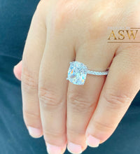 Load image into Gallery viewer, 14K Solid White Gold Cushion Cut Moissanite Engagement Ring Deco, Bridal, Wedding, Anniversary, Four prong, Solitaire 4.00ctw