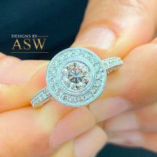 Load image into Gallery viewer, Filigree 14K Solid White Gold Round Cut Forever One Moissanite And Natural Diamond Engagement Ring Bezel Set Antique Style Halo 1.25ctw