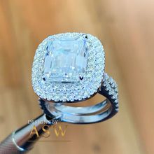 Load image into Gallery viewer, Double Halo 14K Solid White Gold Emerald and Round Cut Simulated Diamonds Engagement Ring And Bands Set Prong Set Wedding Bridal 5.50ct