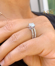 Load image into Gallery viewer, Gorgeous 14K Solid White Gold Cushion and Round Cut Simulated Diamonds Engagement Ring And Band Set Halo Prong Set Wedding Bridal Set 1.90ct
