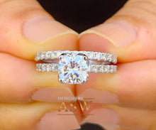 Load image into Gallery viewer, Gorgeous 14K Solid White Gold Cushion and Round Cut Simulated Diamonds Engagement Ring And Band Set Halo Prong Set Wedding Bridal Set 1.90ct