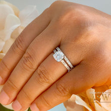 Load image into Gallery viewer, Gorgeous 14K Solid White Gold Cushion and Round Cut Simulated Diamonds Engagement Ring And Band Set Halo Prong Set Wedding Bridal Set 1.90ct