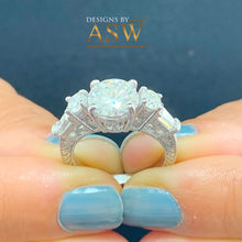 Load image into Gallery viewer, 14K Solid White Gold Round Cut Forever One Moissanite and Natural Round And Baguettes Cut Diamond Engagement Ring Deco Antique Style 2.70ctw