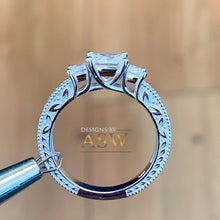 Load image into Gallery viewer, 14k Solid White Gold Princess Cut Forever One Moissanite and Natural Diamond Engagement Ring Antique Three Stones 1.60ct