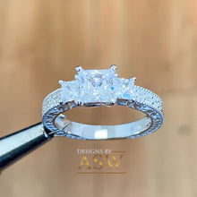 Load image into Gallery viewer, 14k Solid White Gold Princess Cut Forever One Moissanite and Natural Diamond Engagement Ring Antique Three Stones 1.60ct