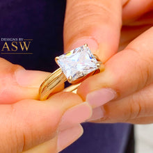 Load image into Gallery viewer, 14K Solid Yellow Gold Radiant Cut Forever One Moissanite Engagement Ring And Band, Bridal, Wedding, Four prong, Solitaire 3.50ctw