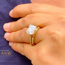 Load image into Gallery viewer, 14K Solid Yellow Gold Radiant Cut Moissanite Engagement Ring And Band, Bridal, Wedding, Four prong, Solitaire 3.50ctw