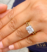 Load image into Gallery viewer, 14K Solid Yellow Gold Radiant Cut Moissanite Engagement Ring And Band, Bridal, Wedding, Four prong, Solitaire 3.50ctw