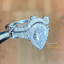 Load image into Gallery viewer, 14k Solid White Gold Pear Cut Moissanite and Natural Diamond Engagement Ring And Band Halo, Bridal Set Antique Style 2.50ctw