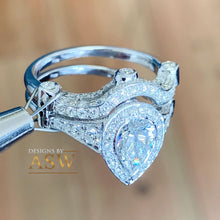 Load image into Gallery viewer, 14k Solid White Gold Pear Cut Moissanite and Natural Diamond Engagement Ring And Band Halo, Bridal Set Antique Style 2.50ctw