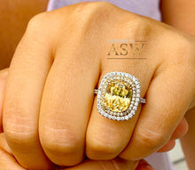 Load image into Gallery viewer, 14K Solid White and Yellow Gold Fancy Yellow Cushion and Round Cut Simulated Diamonds Engagement Ring Set Double Halo Wedding Bridal 6.00ctw