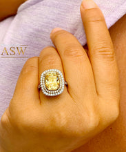Load image into Gallery viewer, 14K Solid White and Yellow Gold Fancy Yellow Cushion and Round Cut Simulated Diamonds Engagement Ring Set Double Halo Wedding Bridal 6.00ctw