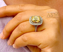 Load image into Gallery viewer, 14K Solid White and Yellow Gold Fancy Yellow Cushion and Round Cut Simulated Diamonds Engagement Ring Set Double Halo Wedding Bridal 6.00ctw
