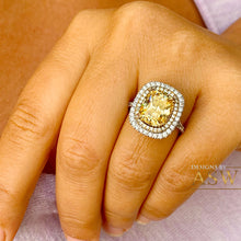 Load image into Gallery viewer, 14K Solid White and Yellow Gold Fancy Yellow Cushion and Round Cut Simulated Diamonds Engagement Ring Set Double Halo Wedding Bridal 6.00ctw