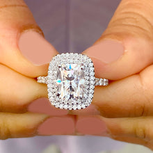 Load image into Gallery viewer, 14k Solid White Gold Cushion Cut Moissanite and Natural Diamond Engagement Ring Soleste Double Halo, Bridal, Wedding 4.00ctw