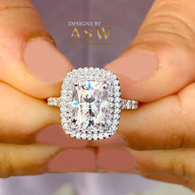 Load image into Gallery viewer, Double Halo 14K Solid White Gold Cushion and Round Cut Simulated Diamonds Engagement Ring Prong Set Wedding Bridal 4.00ct