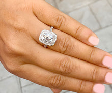 Load image into Gallery viewer, 14k Solid White Gold Cushion Cut Moissanite and Natural Diamond Engagement Ring Soleste Double Halo, Bridal, Wedding 4.00ctw