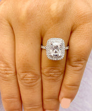 Load image into Gallery viewer, 14k Solid White Gold Cushion Cut Moissanite and Natural Diamond Engagement Ring Soleste Double Halo, Bridal, Wedding 4.00ctw