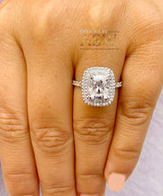 Load image into Gallery viewer, Double Halo 14K Solid White Gold Cushion and Round Cut Simulated Diamonds Engagement Ring Prong Set Wedding Bridal 4.00ct