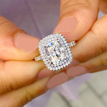 Load image into Gallery viewer, 14k Solid White Gold Cushion Cut Moissanite and Natural Diamond Engagement Ring Soleste Double Halo, Bridal, Wedding 4.00ctw