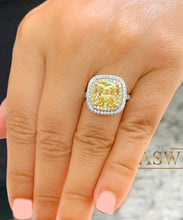 Load image into Gallery viewer, Huge Women's 14k solid white gold Fancy Yellow Cushion simulated and round cut natural diamond engagement ring Halo 5.70ct