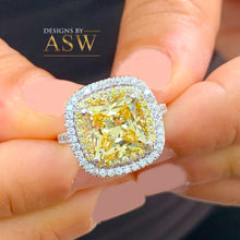 Load image into Gallery viewer, Huge Women's 14k solid white gold Fancy Yellow Cushion simulated and round cut natural diamond engagement ring Halo 5.70ct