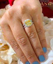 Load image into Gallery viewer, Women's 14k solid white gold Fancy Yellow Cushion simulated and round cut natural diamond engagement ring Halo 4.70ct