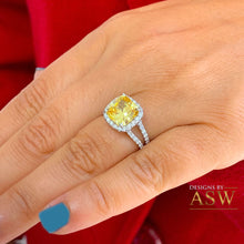 Load image into Gallery viewer, Women's 14k solid white gold Fancy Yellow Cushion simulated and round cut natural diamond engagement ring Halo 4.70ct