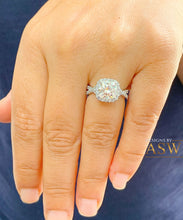 Load image into Gallery viewer, 14K Solid White Gold Cushion Cut Forever One Moissanite and Round Cut Natural Diamond Engagement Ring Halo Prong 2.65ct