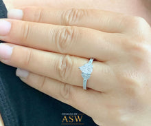 Load image into Gallery viewer, 14K Solid White Gold Pear And Round Cut Simulated Diamonds Engagement Ring Halo Filigree Motif Design, Wedding Bridal 1.40ct