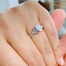 Load image into Gallery viewer, 14K Solid White Gold Pear And Round Cut Simulated Diamonds Engagement Ring Halo Filigree Motif Design, Wedding Bridal 1.40ct