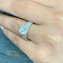 Load image into Gallery viewer, 14k Solid And Heavy White Gold Cushion Cut Forever One Moissanite and Natural Diamond Engagement Ring And Two Bands Halo Bridal Set 3.70ct