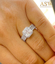 Load image into Gallery viewer, 14K Solid White Gold Cushion and Round Cut Simulated Diamonds Engagement Ring And Two Bands Set Halo Prong Set Wedding Bridal Set 3.00ct