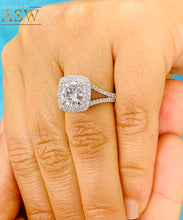 Load image into Gallery viewer, 14k Solid White Gold Round Cut Moissanite and Natural Diamond Engagement Ring Double Halo, Bridal, Wedding Split Shank 3.00ctw