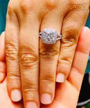 Load image into Gallery viewer, 14k Solid White Gold Round Cut Moissanite and Natural Diamond Engagement Ring Double Halo, Bridal, Wedding Split Shank 3.00ctw