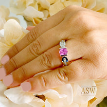 Load image into Gallery viewer, 14K Solid White Gold Oval Cut Natural Pink Sapphire And Round Cut Natural Diamonds Semi Tension Set Ring 1.75ctw