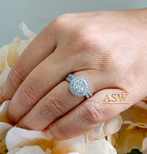 Load image into Gallery viewer, Filigree Antique Style 14k Solid White Gold Round Cut Moissanite and Natural Diamond Engagement Ring And Band Bezel Halo 1.70ctw